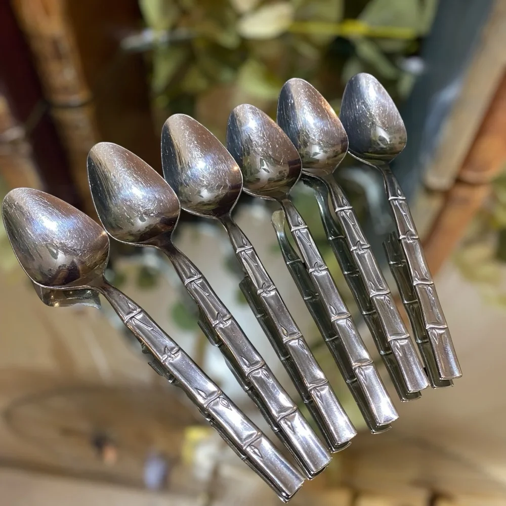 Vintage Bamboo Tiki Set 6 Teaspoons Lifetime Cutlery LC Stainless Flatware